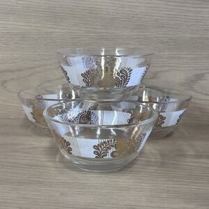 4 MCM Glass Bowls Gold & White Paisley & Stripes Vintage Set